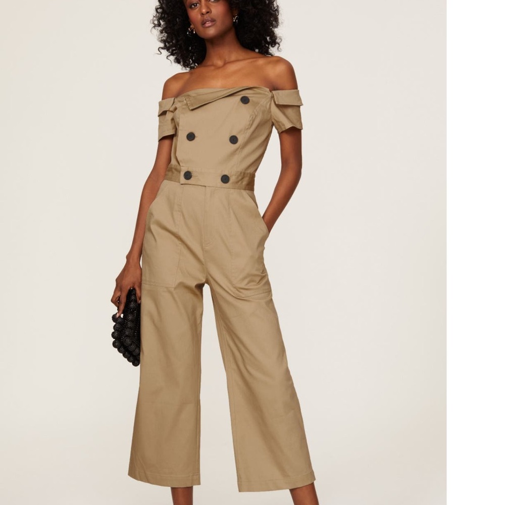 Marissa Webb Off-Shoulder Tan Jumpsuit
